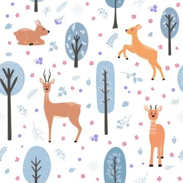 Seamless pattern with deer, doe, roe deer on the background of a tree, plant Stock Illustration