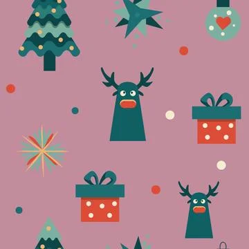 Seamless pattern with deer, a gift and a Christmas Stock Illustration