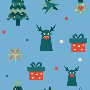 Seamless pattern with deer, a gift and a Christmas tree Stock Illustration