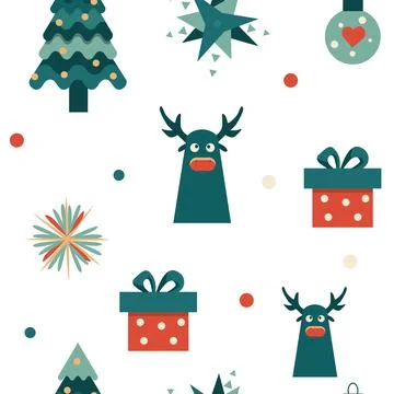Seamless pattern with deer, a gift and a Christmas tree Stock Illustration