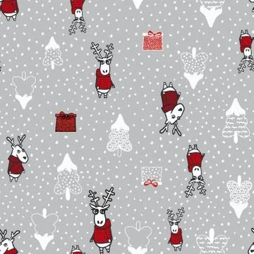 Seamless pattern with deer, present and christmas tree Stock Illustration