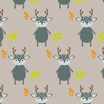 Seamless pattern with deers and leaf sprigs. Illustrazione stock