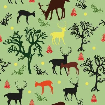 Seamless pattern with deers and trees Stock Illustration