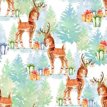 Seamless pattern deers in Christmas tree forest watercolor Stock Illustration