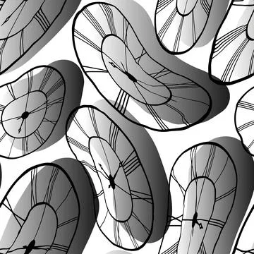 Seamless pattern Deformed clock Black lines gradient white background Stock Illustration