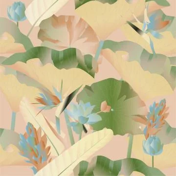 Seamless pattern. Delicate beige and brown aquatic and tropical flowers with Stock Illustration