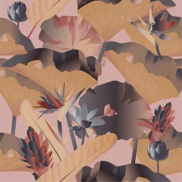 Seamless pattern. Delicate beige and brown aquatic and tropical flowers with Stock Illustration