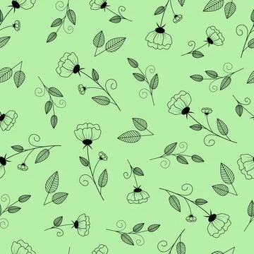 Seamless pattern with delicate contour flowers and twigs with leaves Stock-Illustration