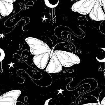 Seamless Pattern with Delicate Dreamy Butterfly on Black Background Stock Illustration