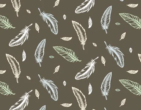 Seamless pattern with delicate feathers in doodle style on a white backgrou.. Stock Illustration