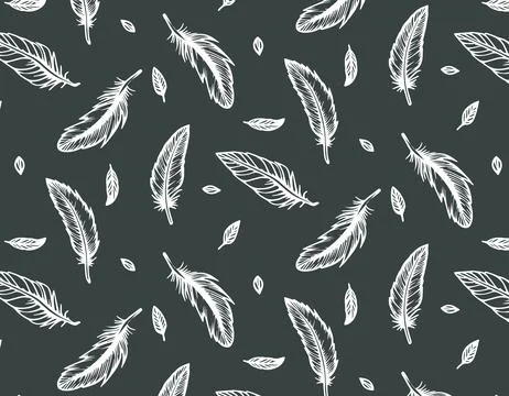 Seamless pattern with delicate feathers in doodle style on a white backgrou.. Stock Illustration