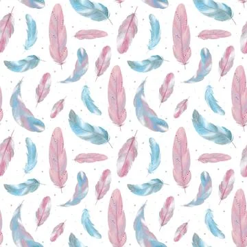 Seamless pattern of delicate feathers. Pink and blue, white background. Stock Illustration