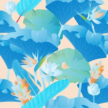 Seamless pattern. Delicate orange aquatic and tropical flowers with large blu Stock Illustration