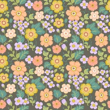 Seamless pattern with delicate pastel flowers and green leaves on a green bac Stock Illustration
