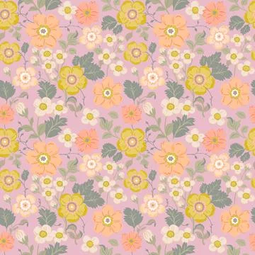 Seamless pattern with delicate pastel flowers and green leaves on a green b.. Stock Illustration
