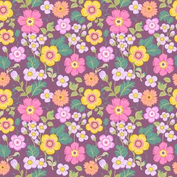 Seamless pattern with delicate pink and yellow flowers on a purple background Stock Illustration