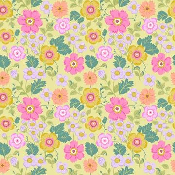Seamless pattern with delicate pink and yellow and purple flowers on a ligh.. Stock Illustration