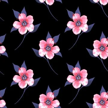 Seamless pattern of delicate pink flowers on black background Stock Illustration
