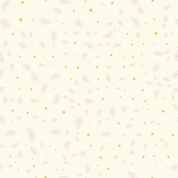 Seamless pattern with delicate pink leaves and yellow dots on cream backgroun イラスト素材