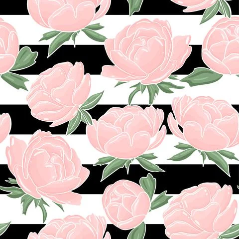 Seamless pattern of delicate pink peonies on a dark background. Stock Illustration
