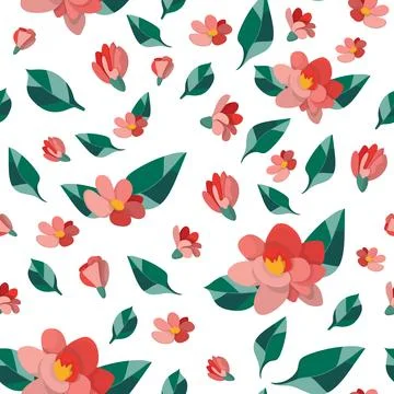 Seamless pattern with delicate pink-red flowers and green leaves on a white Stock Illustration