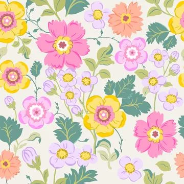 Seamless pattern with delicate pink, yellow and purple flowers on a light y.. Stock Illustration