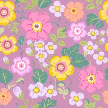 Seamless pattern with delicate pink, yellow and purple flowers on a soft pink Stock Illustration