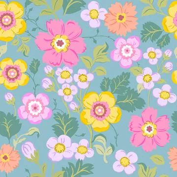 Seamless pattern with delicate pink, yellow and purple flowers on a menthol b Stock Illustration