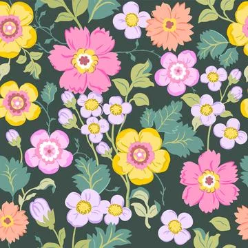 Seamless pattern with delicate pink, yellow and purple flowers on a green bac Stock Illustration