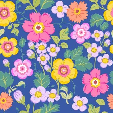 Seamless pattern with delicate pink, yellow and purple flowers on a lilac bac Stock Illustration
