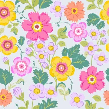 Seamless pattern with delicate pink, yellow and purple flowers on a light b.. Stock Illustration