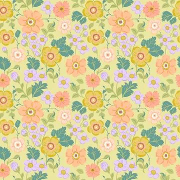 Seamless pattern with delicate pink, yellow and purple flowers on a light g.. Stock Illustration