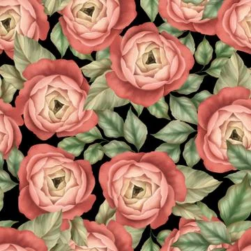 Seamless pattern of delicate red flowers and leaves Stock-Illustration