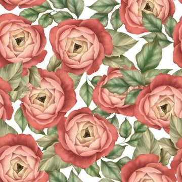 Seamless pattern of delicate red flowers and leaves Illustrazione stock