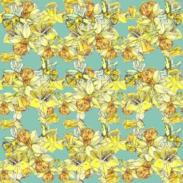 Seamless pattern of delicate spring flowers of yellow daffodils on a light ba Stock Illustration