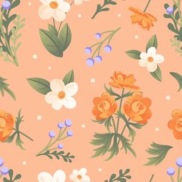 Seamless pattern of delicate spring wildflowers. Trollius, immortelle, chamomile Stock Illustration