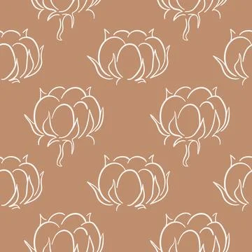 Seamless pattern with delicate white cotton plant flower outline on beige Stock Illustration