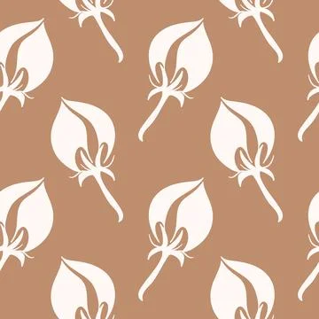 Seamless pattern with delicate white cotton plant flower buds on brown Stock Illustration