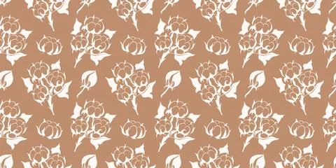 Seamless pattern with delicate white cotton plant flower on brown background Stock Illustration