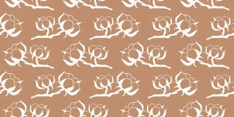 Seamless pattern with delicate white cotton plant flower branch on brown Stock Illustration
