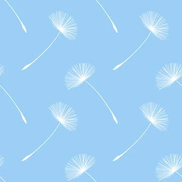 Seamless pattern with delicate white dandelion flower heads on baby blue back Stock Illustration