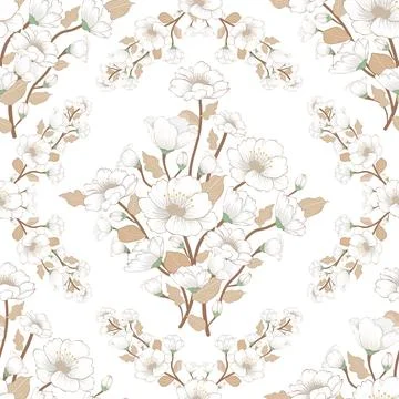 Seamless pattern of delicate white flowers with beige leaves Stock Illustration