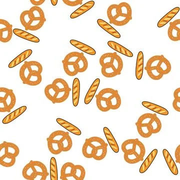 Seamless pattern with delicious baked pretzels and french bread baguettes. Stock Illustration
