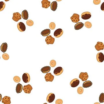 Seamless pattern with delicious baked sweets and cookies on white background. Illustrazione stock
