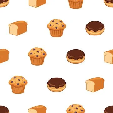 Seamless pattern with delicious bakery items including muffins donuts and b.. Stock Illustration