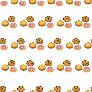 Seamless Pattern of Delicious Bakery Pastries and Sweet Glazed Donuts. Stock Illustration