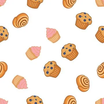 Seamless pattern with delicious bakery pastry and sweet dessert illustrations Stock Illustration