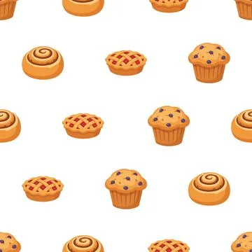Seamless pattern with delicious bakery pastry and sweet dessert items. Stock Illustration