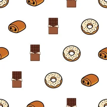 Seamless pattern with delicious bakery pastry and chocolate dessert icons. Stock Illustration
