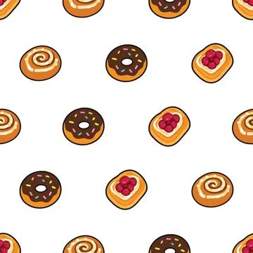 Seamless pattern with delicious bakery pastry and sweet dessert items on wh.. Stock Illustration